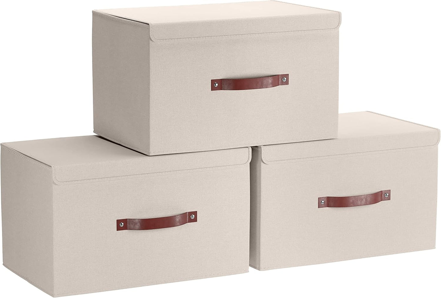 Ornavo Home 3 Pack Collapsible Storage Bins with Lid, Foldable Linen Fabric Shelf Storage Basket Closet Organizer and Large Storage Box for Clothes with Leather Handles, 15 x 10 x 9, Beige