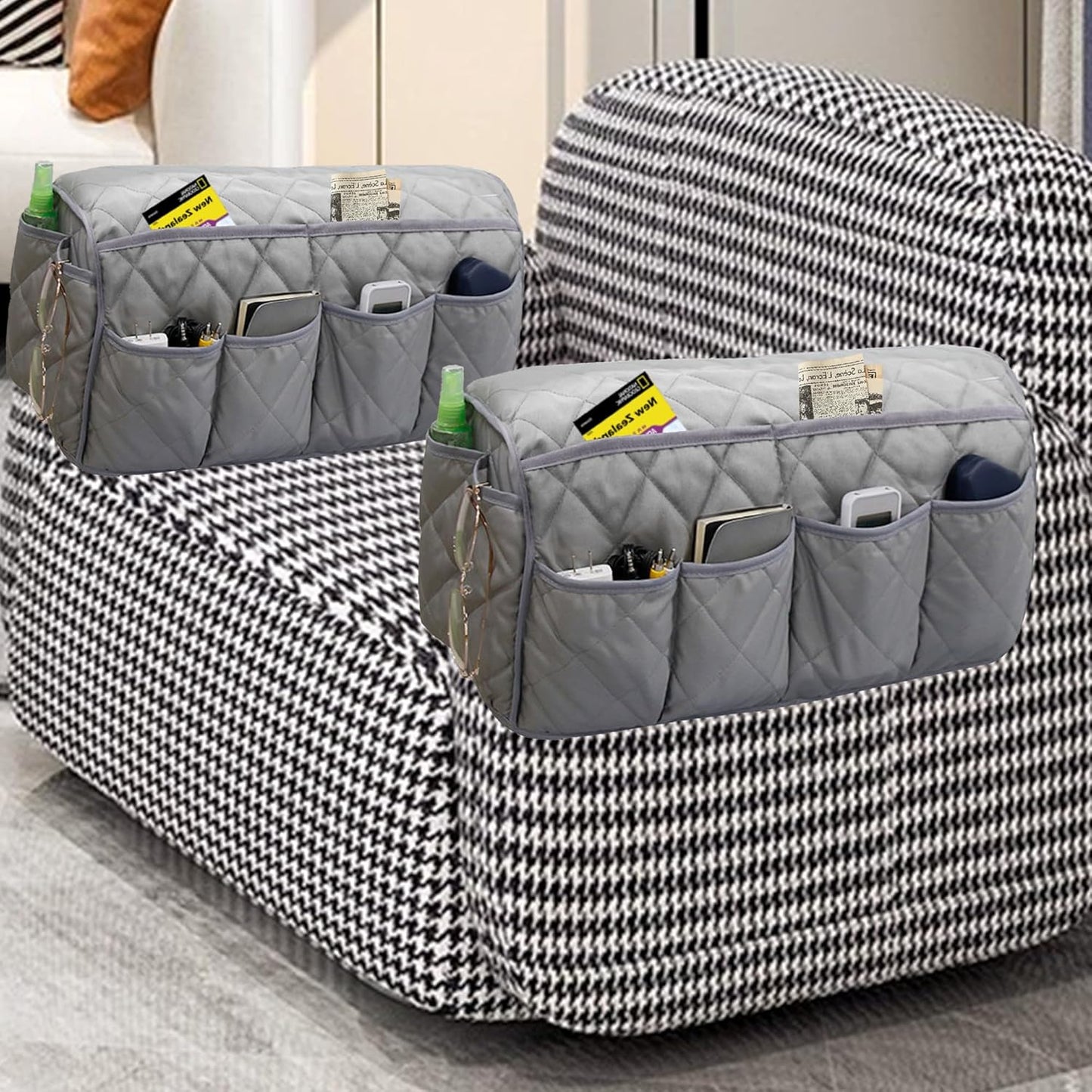 MEHIDFY Armchair Caddy Remote Control Holder for Couch Recliner Armrest Organizer Non Slip Couch Arm Covers for Sofa with 14 Pockets Storage for Magazine, Tablet, Phone, iPad (Grey 2pcs)