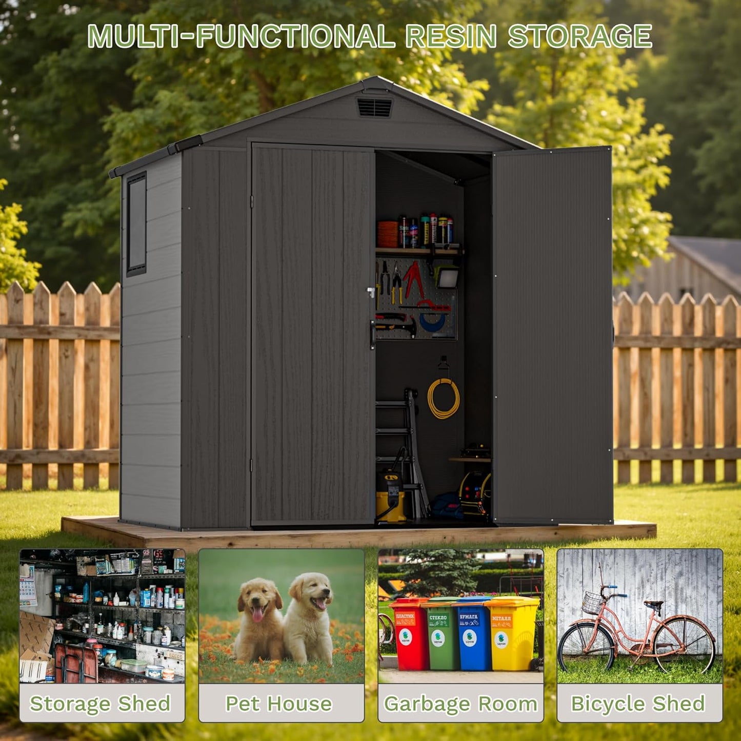 Greesum 6x4FT Plastic Outdoor Storage Shed with Floor, Resin Sheds with Lockable Double Door, Window & Vents, All-Weather Tool Sheds for Garden, Backyard, Patio, Dark Gray
