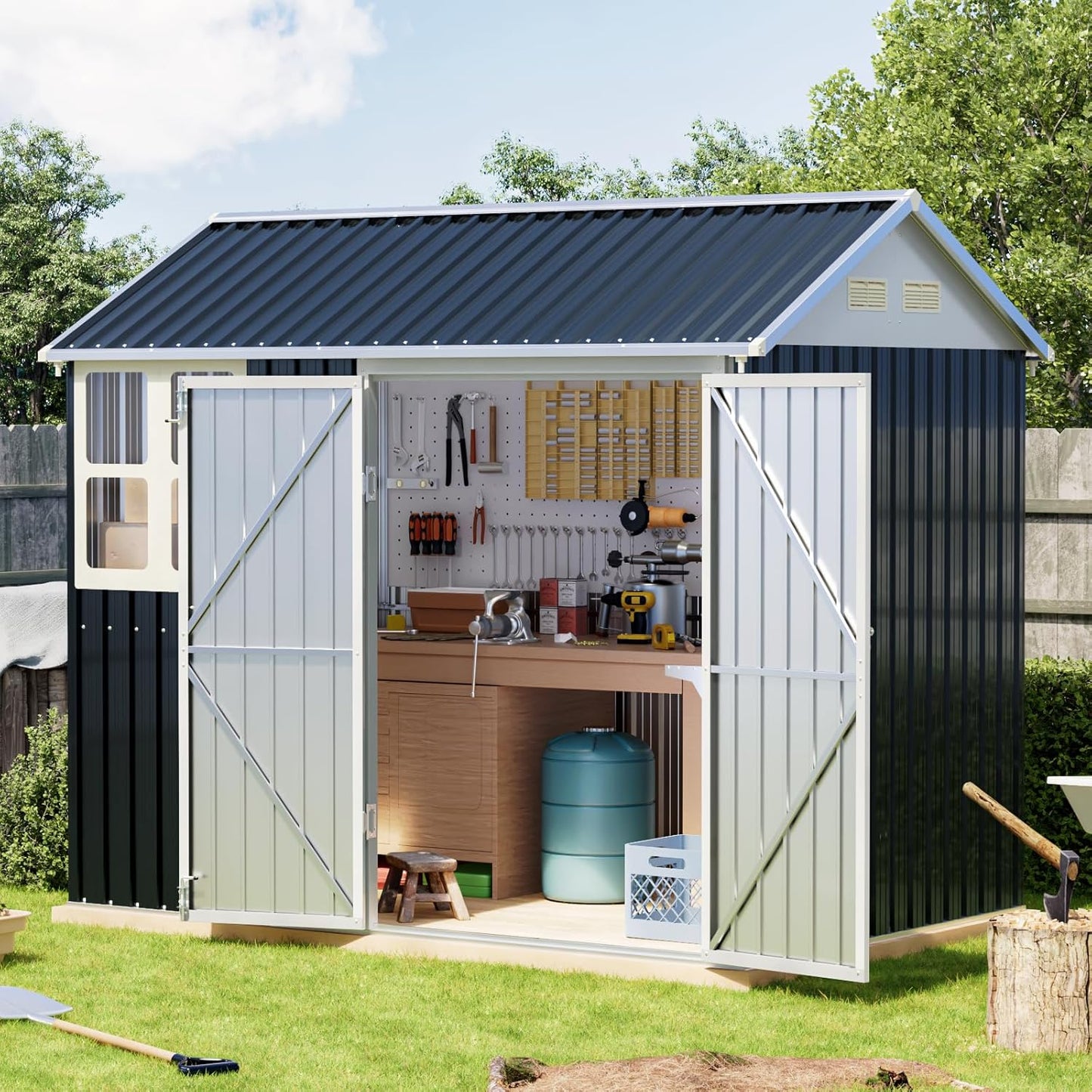 Breezz 6X8FT Outdoor Steel Storage Shed with Clear Window, Lockable Doors, Weather-Resistant Metal Tool Shed for Garden, Backyard, Patio, and Utility Storage.Nightblue