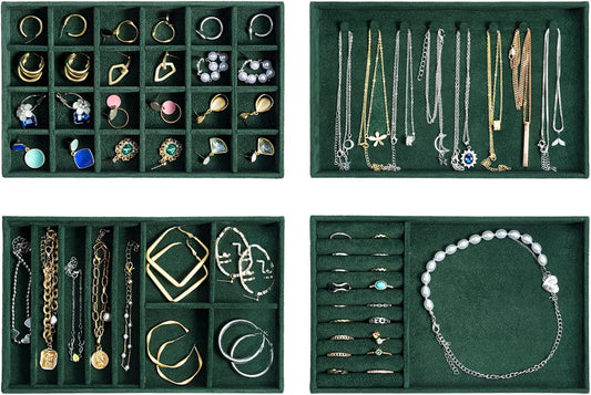 ProCase Stackable Jewelry Organizer Trays for Drawers, Jewelry Drawer Inserts Container Display Case Storage for Earring Necklace Rings Bracelet with Removable Dividers -Green, 4 Layers