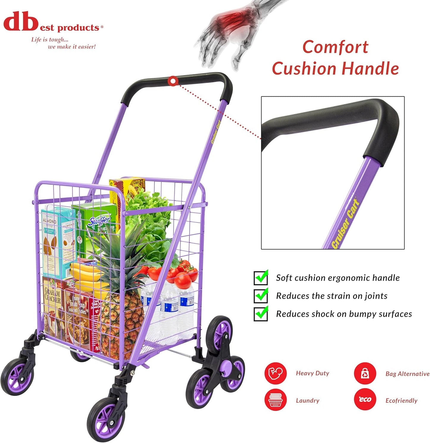 dbest Products Stair Climber Cruiser Cart Shopping Grocery Rolling Folding Laundry Basket on Wheels Foldable Utility Trolley Compact Lightweight Collapsible, Purple
