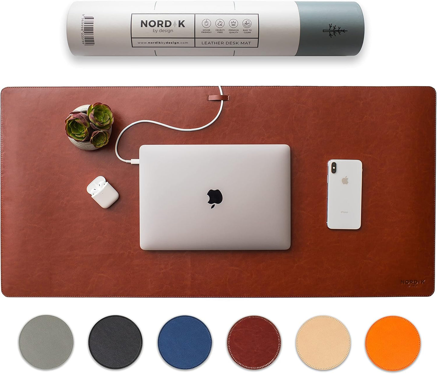 Nordik Leather Desk Mat - Whiskey Brown - Cable Organizer - Premium Mouse Mat & Desk Pad Protector - 35 X 17 Inch - Felt Vegan Leather - Large Office Mouse Pad & Blotter
