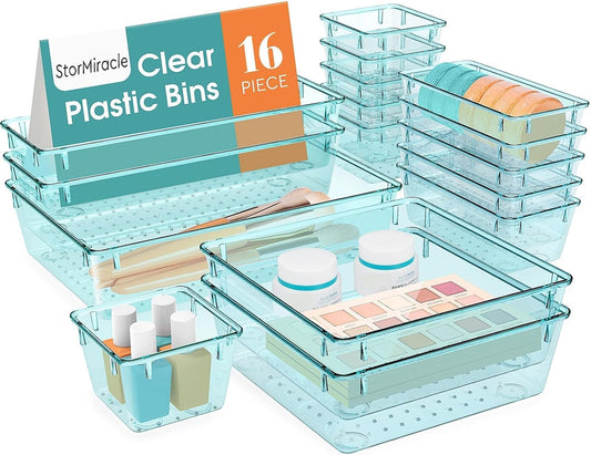 16 PCS Drawer Organizer Set, 5 Varied Size Bathroom and kitchen Drawer cabinet organizer Trays, Clear Storage Bins for Makeup, Jewelry, Utensils and Gadgets