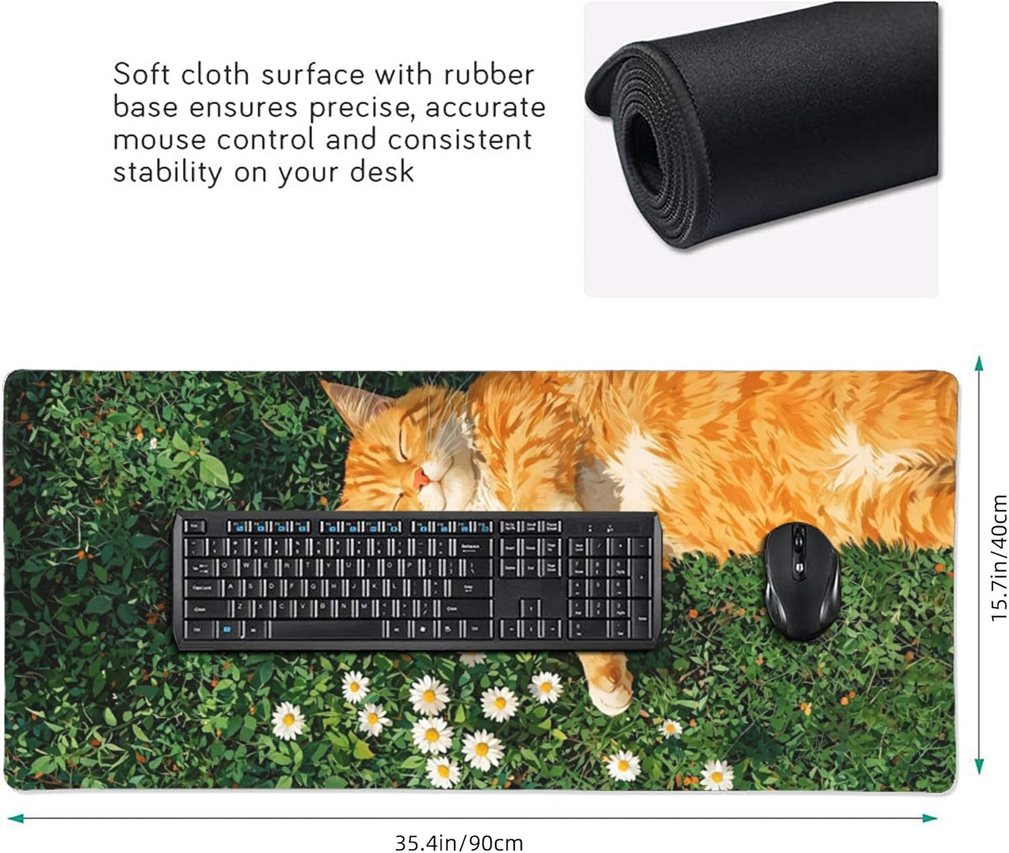 Cozy Cat Large Mouse Pad, Grass Daisy Gaming Desk Mat, XXL Keyboard Desk Pad Mat for Desktop, 35.4"x15.7" Non-Slip Base Big Mousepad with Stitched Edges