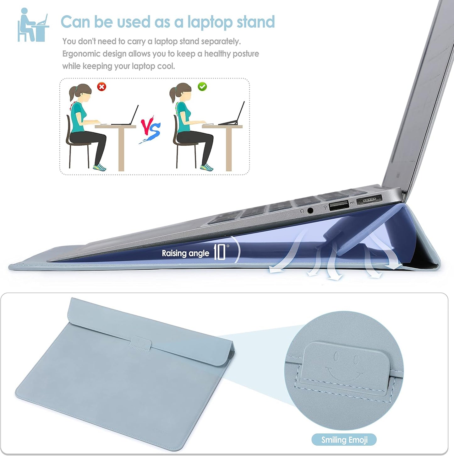 HYZUO 13 Inch Laptop Sleeve Case with Stand for 2025-2018 MacBook Air 13 M4 M3 M2 M1, 2025-2016 MacBook Pro 13 M2 M1, 13" iPad Pro/Air, Surface Pro 11/10/9, XPS 13, with Pouch, Pale Blue