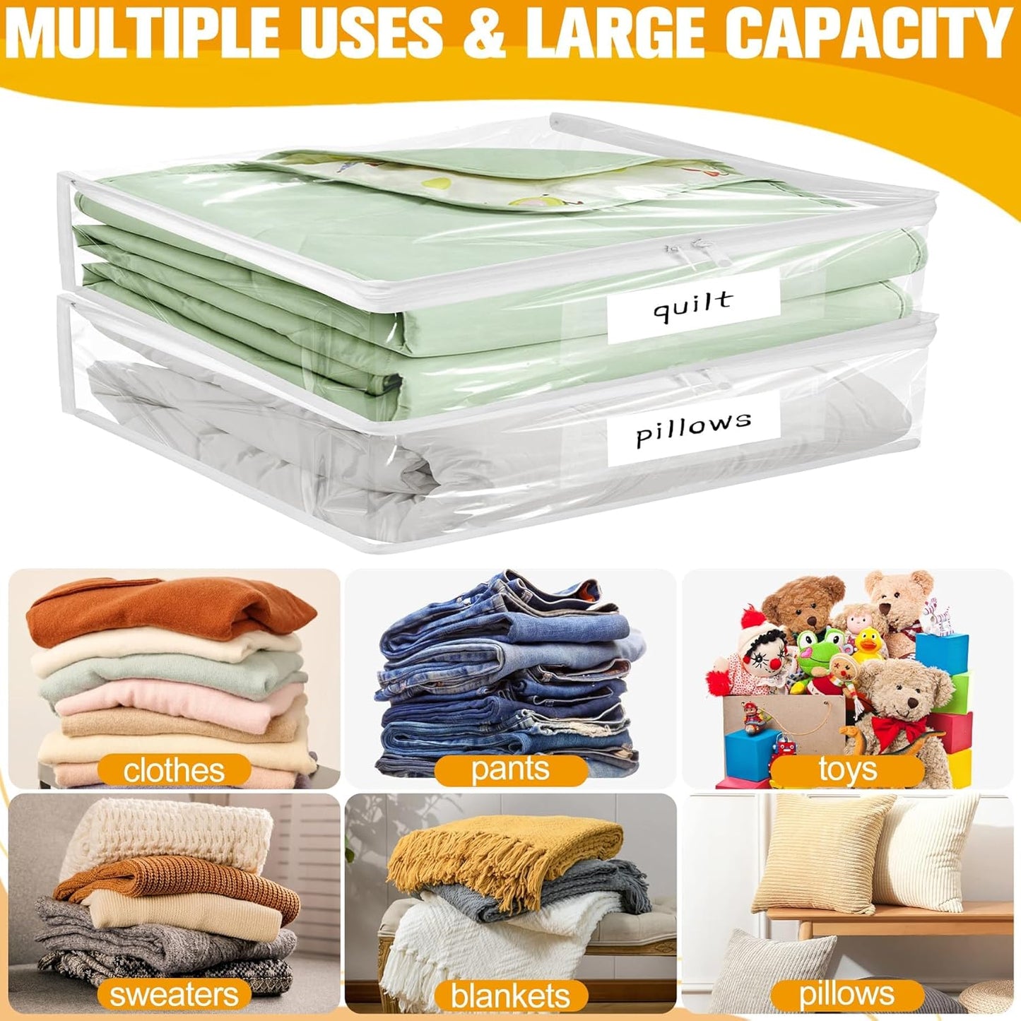 Plastic Storage Bags with Easy-Glide Zipper, Pack of 6, Durable Clear Vinyl Zippered Storage Bags for Clothes Sweaters Comforters Blankets Sheets Bedding (21.6 x 13.7 x 12.4 Inch)