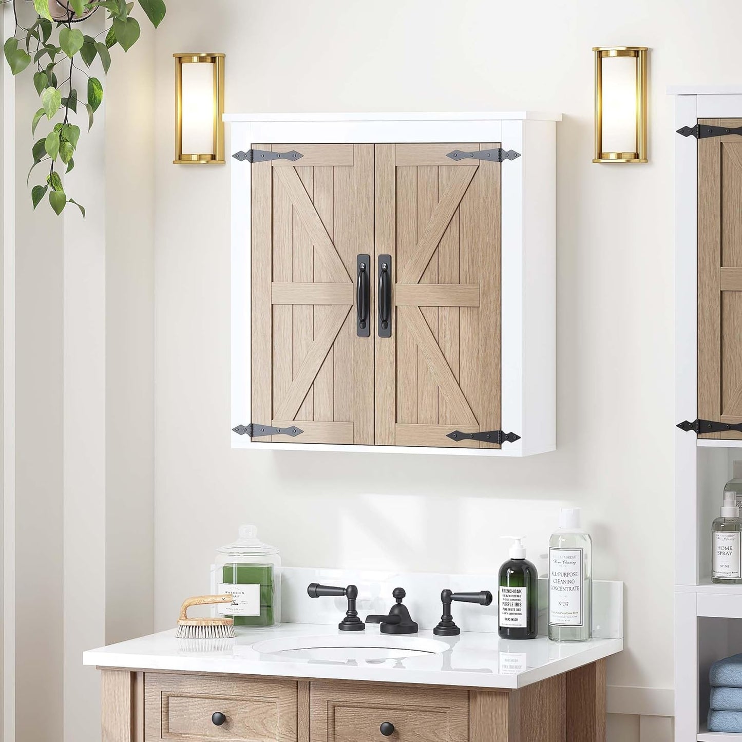 Spirich Bathroom Wall Cabinet Over Toilet, Farmhouse Wall Mounted Medicine Cabinet Organizer with Wood Grain Barn Doors and Adjustable Shelves