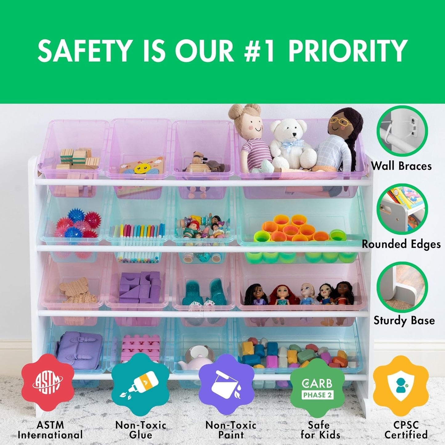 Humble Crew Supersized Toy Storage Organizer with 16 Removable Bins, Unicorn – Large Toy Storage for Toddlers Ideal for Kids' Rooms, Playrooms, and Nurseries - Modern Toy Bins for Kids