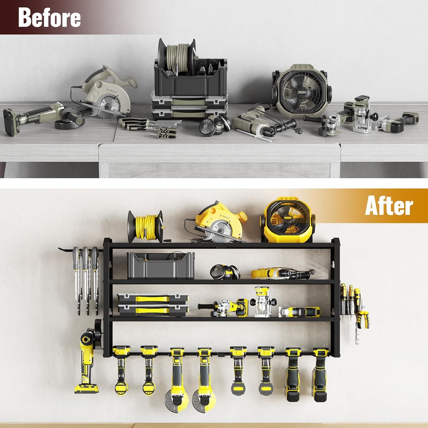 Tomorotec 4-Layer Wall-Mounted Power Tool Storage Rack, Heavy-Duty Steel Drill Organizer with Adjustable Shelves & Side Hooks for Toolbox, Easy Installation Garage & Workshop Storage (Black)