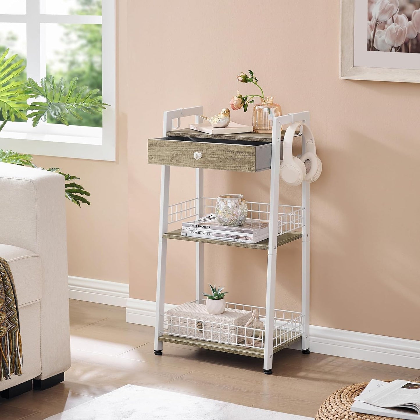 3-Tier Ladder Shelf with Drawer, Bathroom Floor Storage Shelf, Freestanding Tower Shelf Ladder Bookshelf for Living Room,Bedroom -White