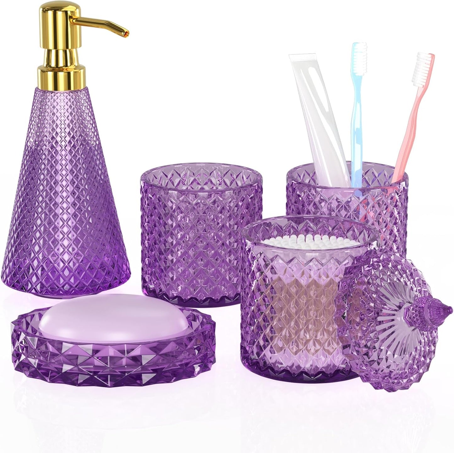 Purple Glass Bathroom Accessories Set 5 Pcs, Purple Bathroom Set, Soap Dispenser and Toothbrush Holder Set, Qtip Holder Set, Vintage Bathroom Sink Set, Cute Bathroom Decor