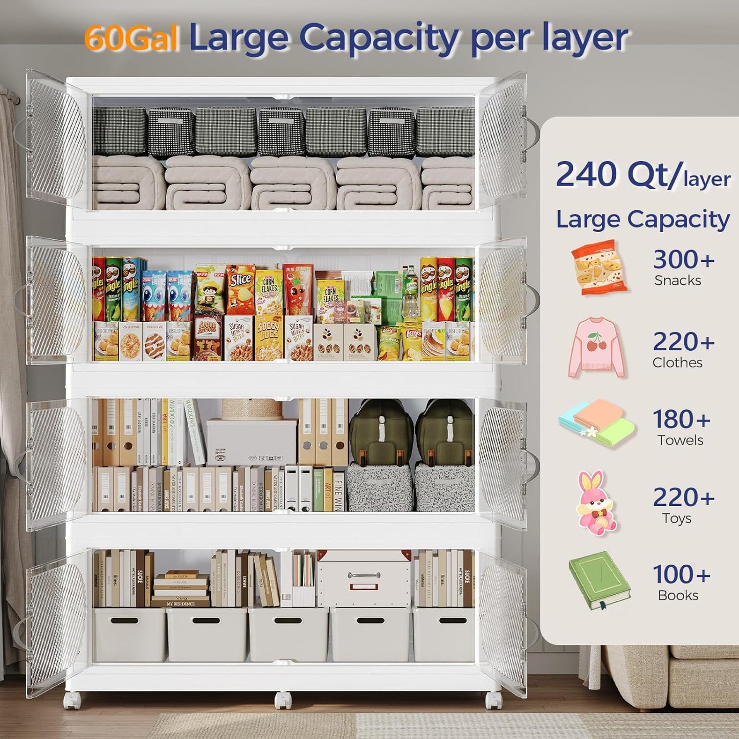960QT Extra Large Stackable Storage Bins with Lid, 240Gal Plastic Closet Organizers and Storage Drawer, Collapsible Cabinet Box with Wheels Clear Doors for Home Kitchen Office, 4Pack White