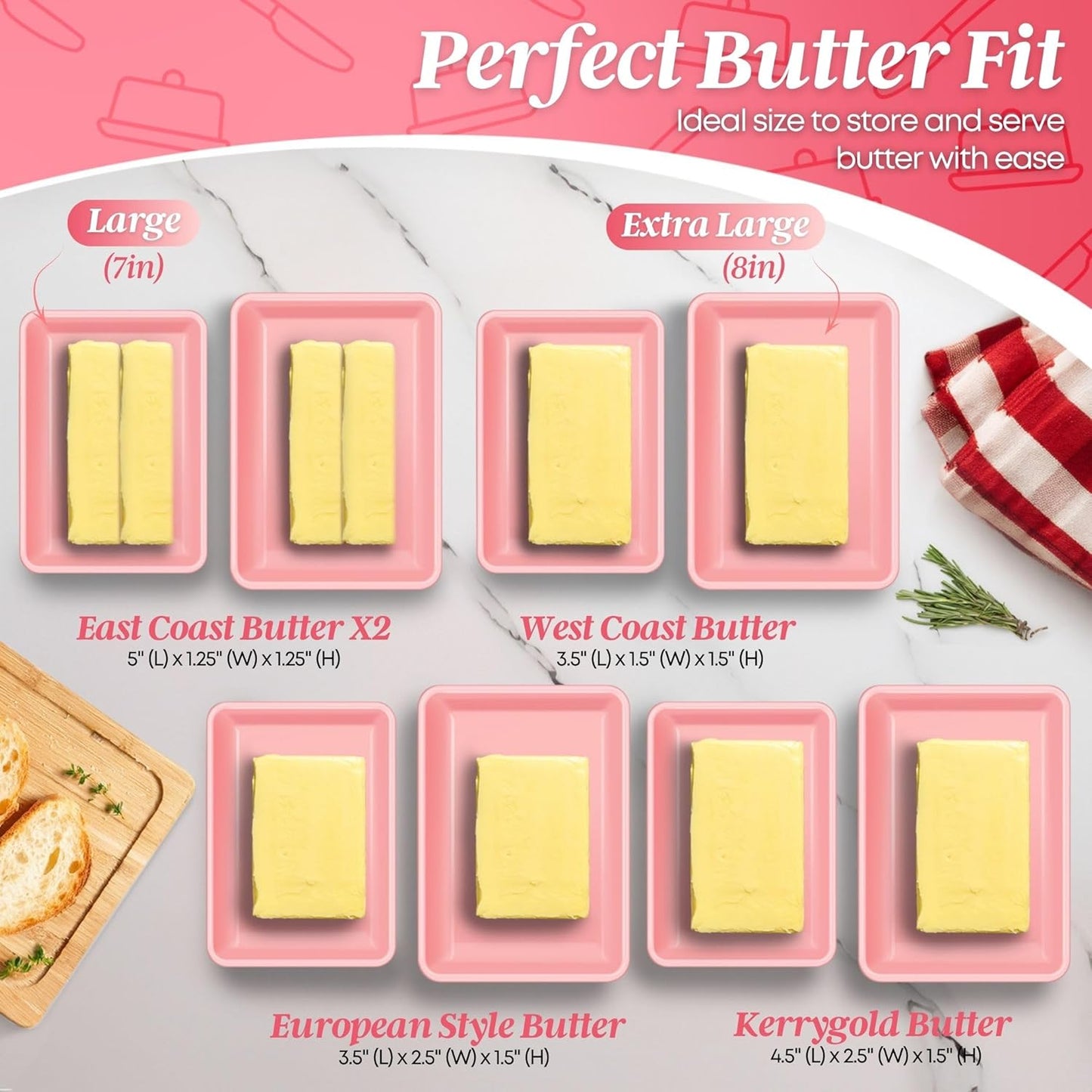 Flexzion Ceramic Pink European Butter Dish with Lid for Countertop (8 Inch) - Wide 2 Stick Double Butter Holder for Counter, Cream Cheese Container Storage Keeper