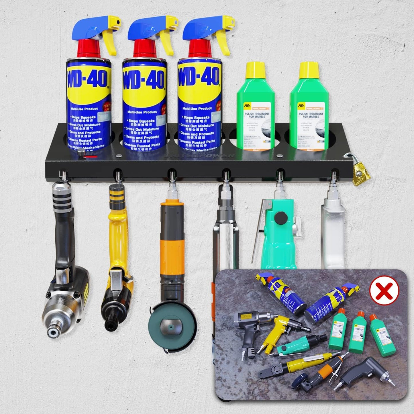UNITEDPOWER Pneumatic Tool Holder Lockable/Aerosol Rack Combo, Wall Mounted Spray Can Bottle Holder, Air tool organizer, for Garage and Workspace, 5 Cans and 6 slots