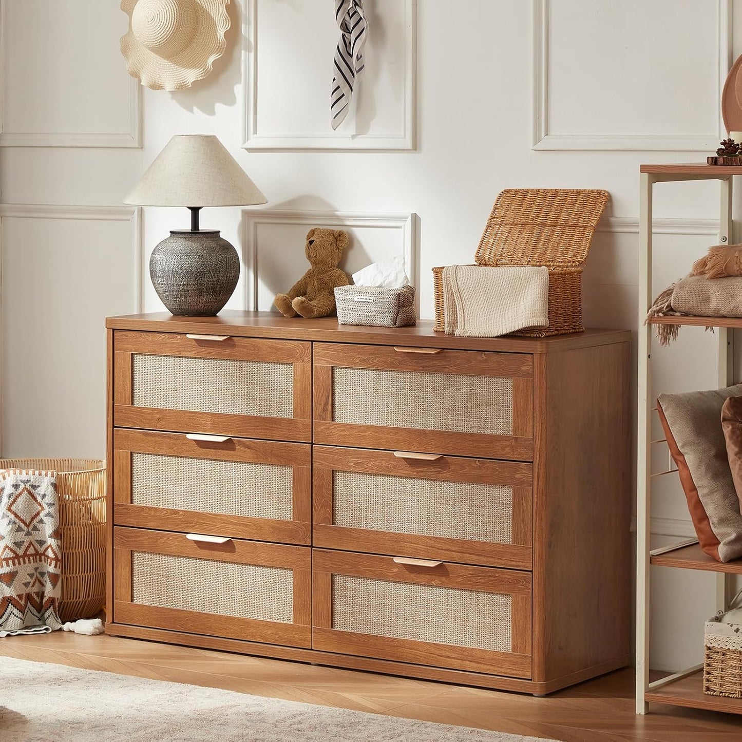 LEYAOYAO Rattan 6 Drawer Dresser for Bedroom, 48" Wide Boho Chest of Drawers, Wooden Dressers TV Stand with Metal Handle, Storage Closet Organizer for Living Room, Hallway, Tea Brown