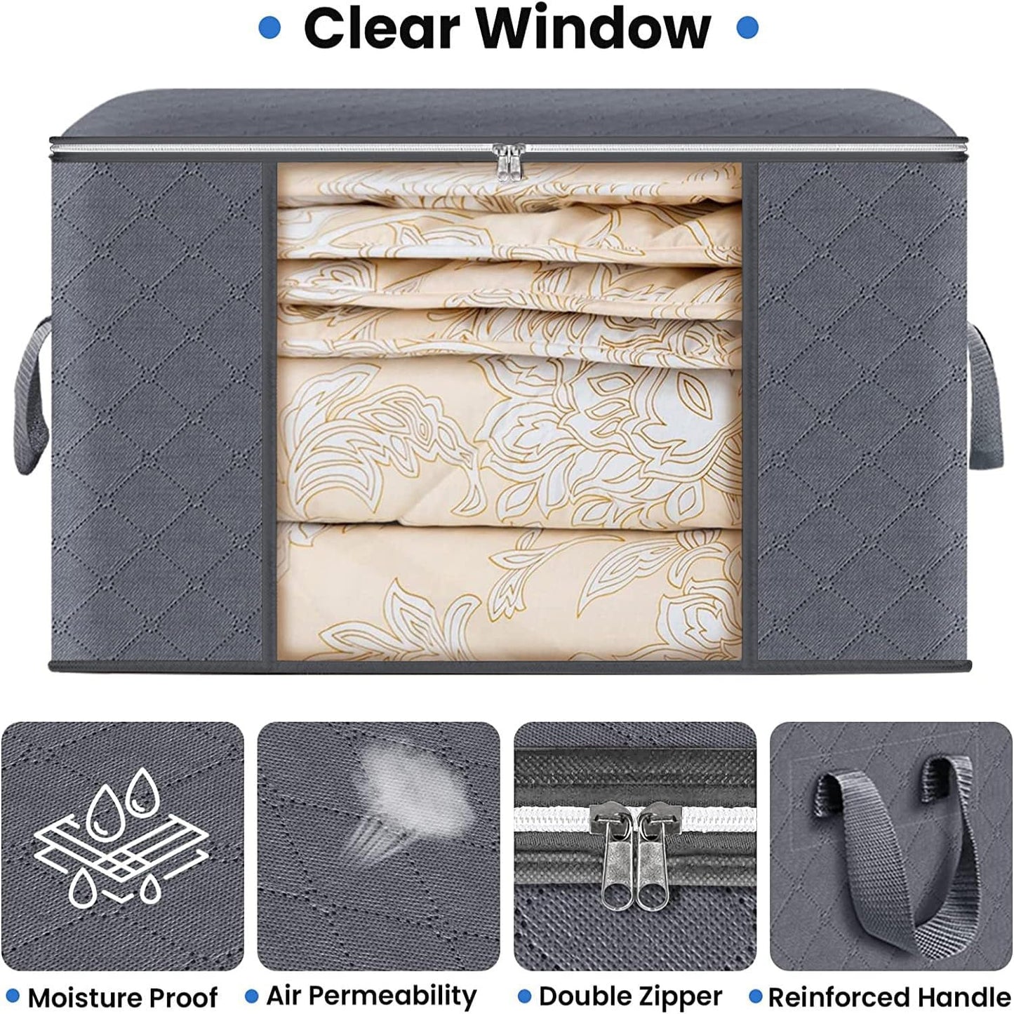 Large Clothes Storage Bags 4 Pack, Foldable Closet Organizers with Durable Breathable Fabric & Clear Window for Blankets, Comforters, Pillows, Bed Sheets, Toys & Seasonal Clothing (Gray)