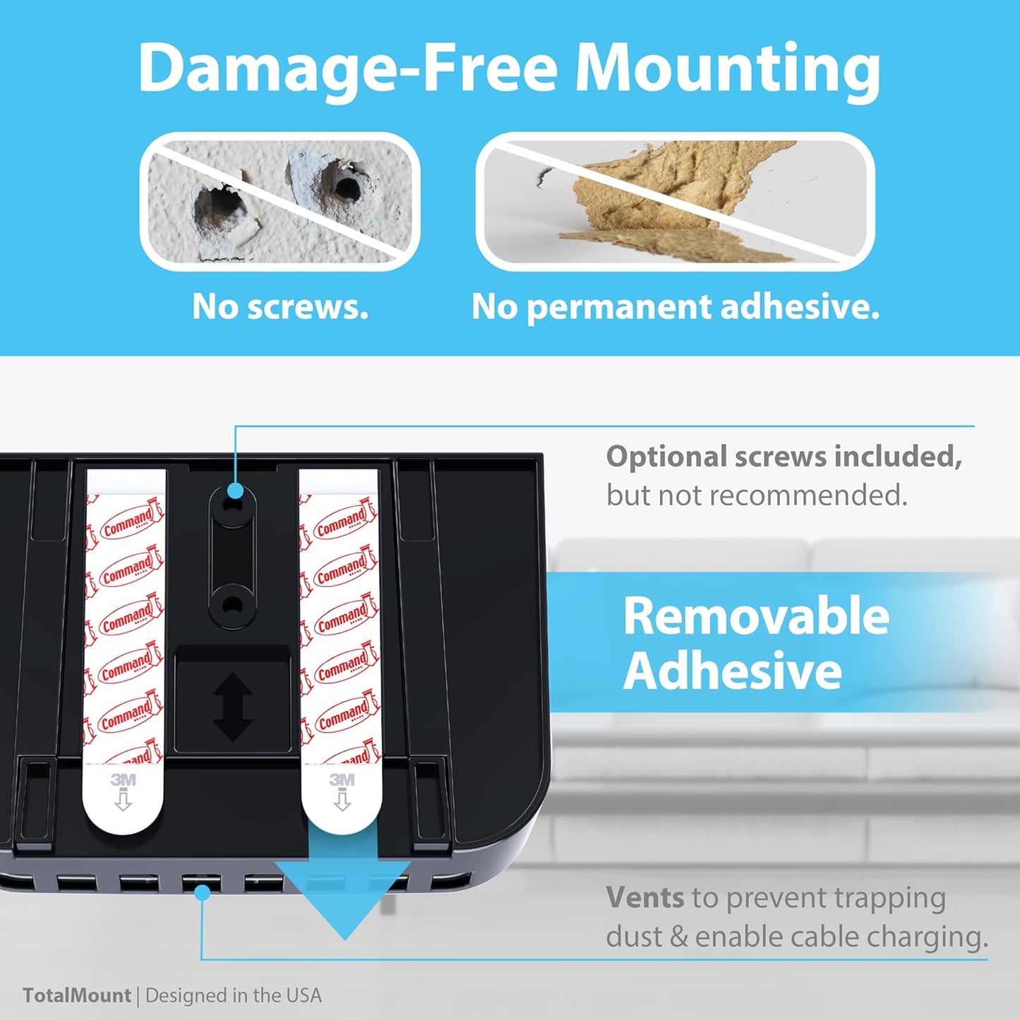 TotalMount Hole-Free Remote Holder – Eliminates Need to Drill Holes in Your Wall (Premium Black Holder for 2 or 3 Remotes)
