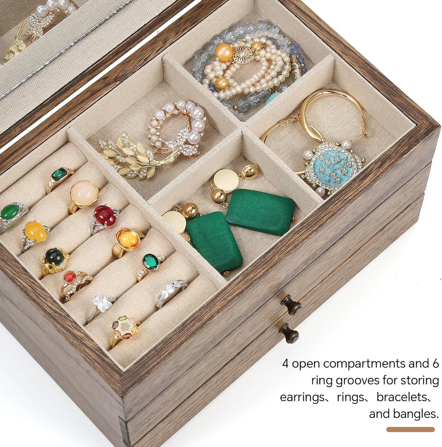 Meangood Jewelry Box Organizer for Women, 3 Layer Large Jewelry Storage Case, Rustic Wooden Jewelry Box with Mirror & Ring Tray for Necklace Earring Bracelets Rings, Vintage Style (Walnut)