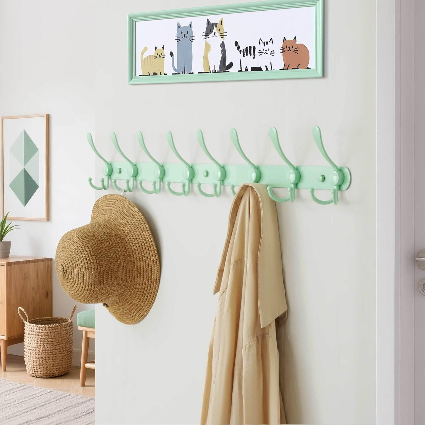 Dseap Coat Rack Wall Mount - 29.5” Long 8-Tri-Hooks Heavy Duty Coat Hanger Rail Wall Hooks for Hanging Coats Hats Clothing Clothes Purse Mudroom Entryway, Green