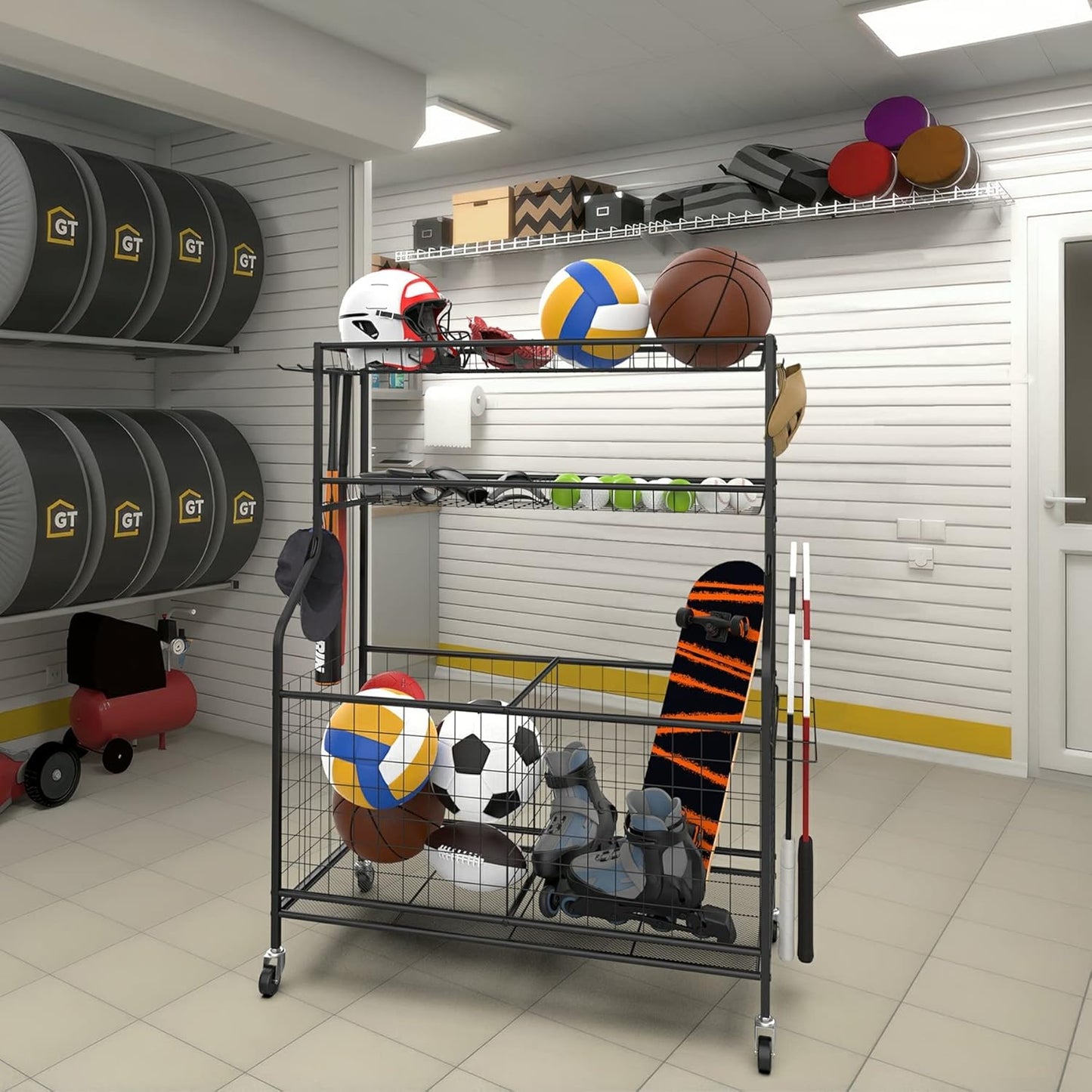 WALMANN Garage Ball and Sports Equipment Organizer, Ball Storage Rack Indoor/Outdoor Kids Ball/Toy Storage Organizer Bins, Rolling Ball Cart with Baskets
