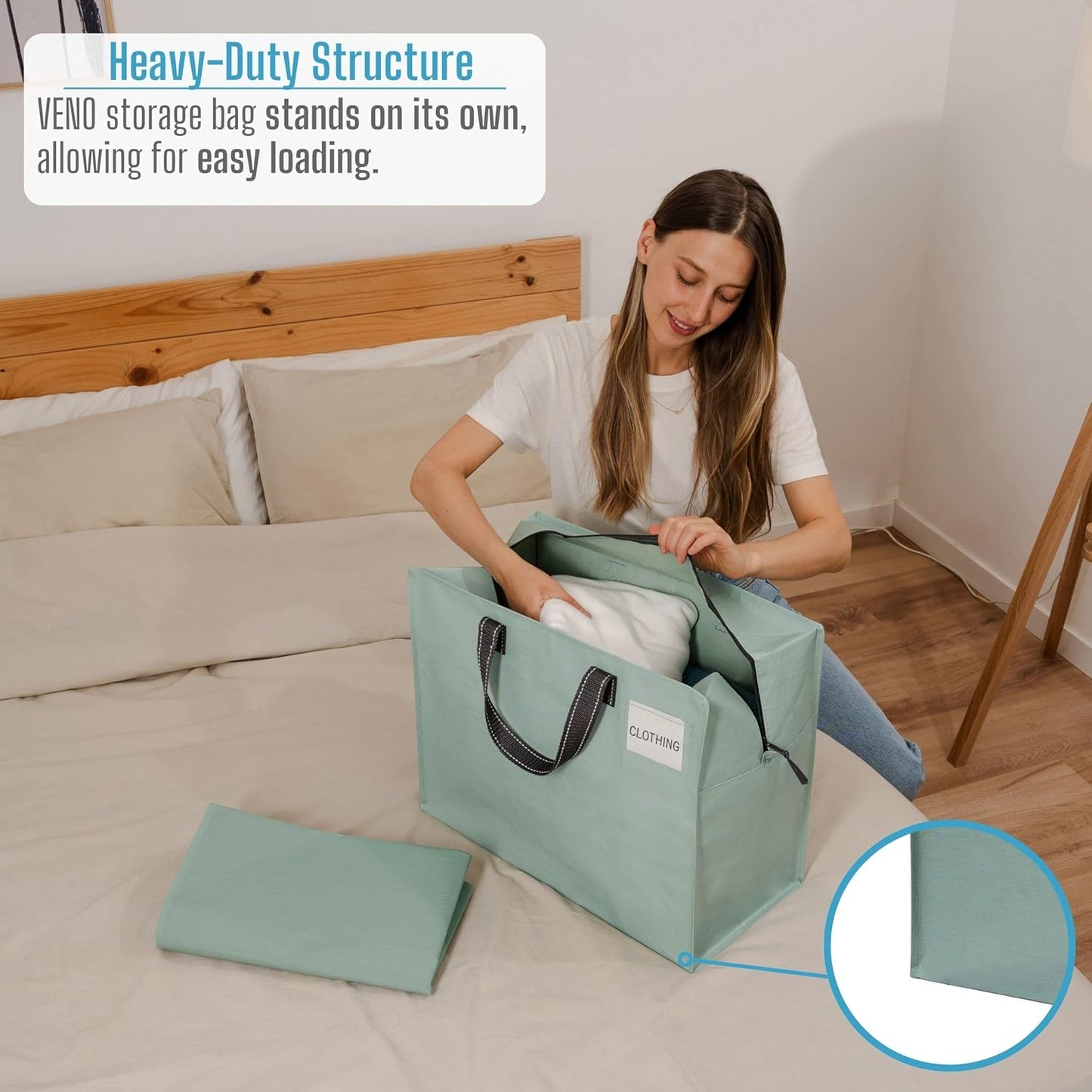 VENO 4 Pack Heavy Duty Moving Bags, Storage Bags, Packing Supplies, Top Zipper, Storage Totes for Camping, Clothes, Bedding, Comforters, Pillows (13 Gallon Light Green, 4 Pack)