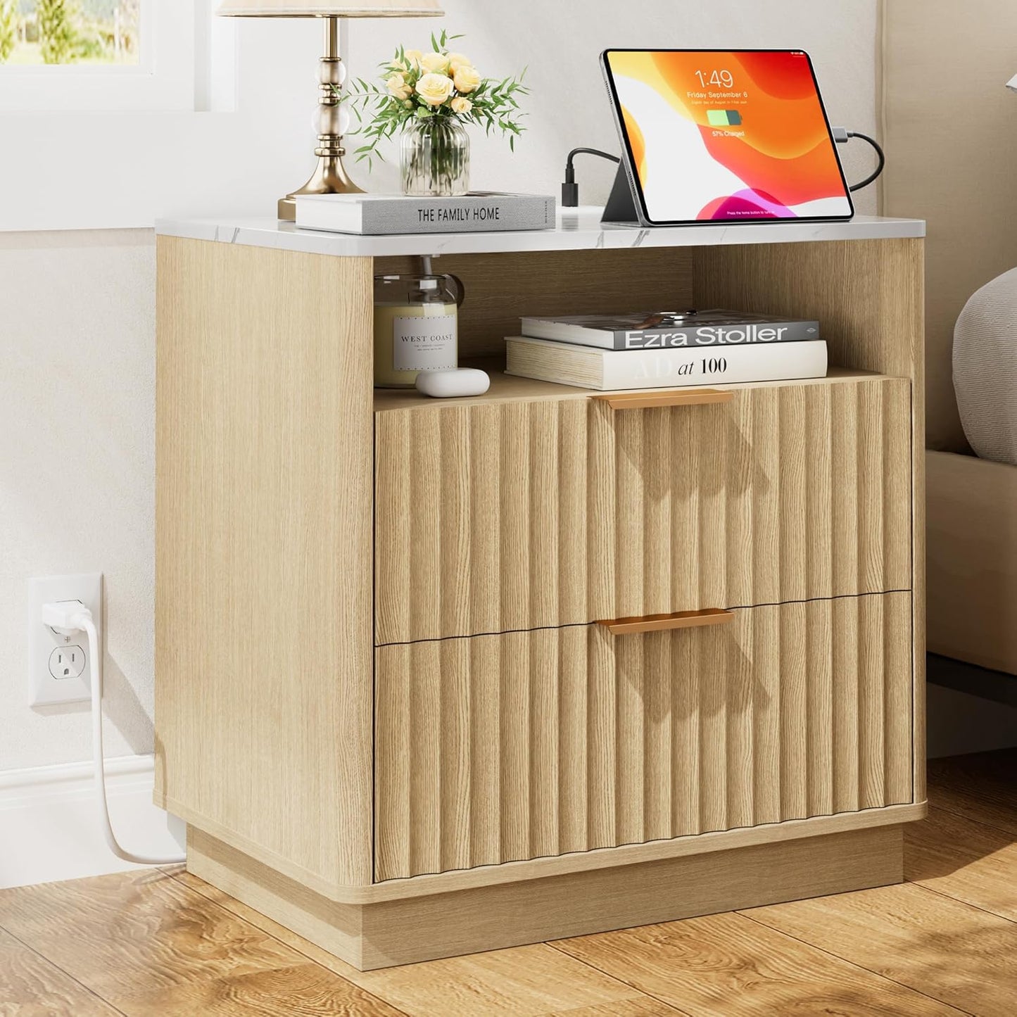 Large Fluted Night Stand with Charging Station, 23" Modern End Table with Faux Marble Top, 2 Drawers Nightstand with Storage, Side Table for Bedroom Living Room,Curved Profile(Natural Oak)