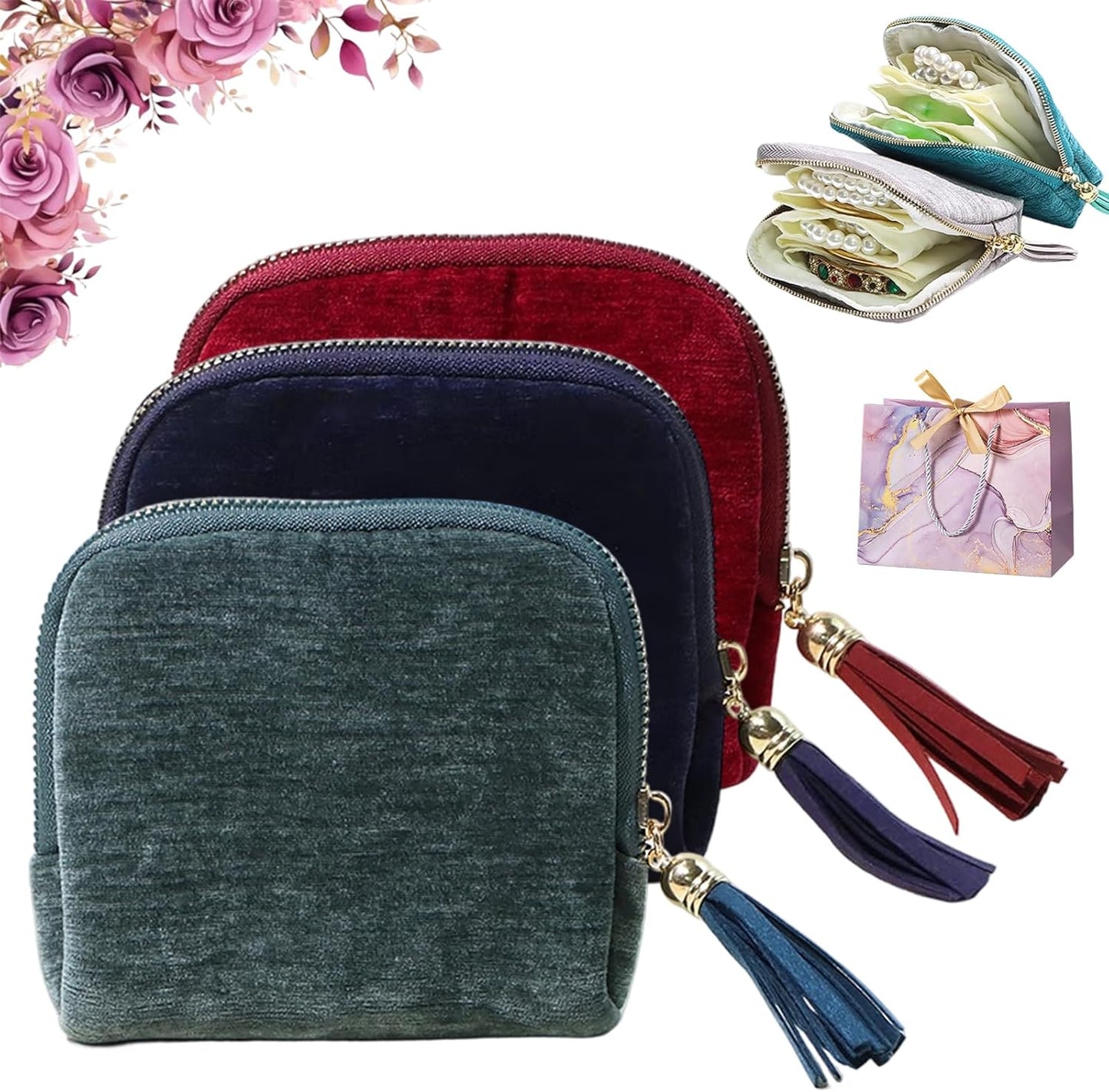 Travel Jewelry Case, Portable Jewelry Storage Bag, Compact Foldable Five Compartments Organizer Pouch with Zipper & Tassel for Earring Necklace Ring Bracelet (3pcs-A)