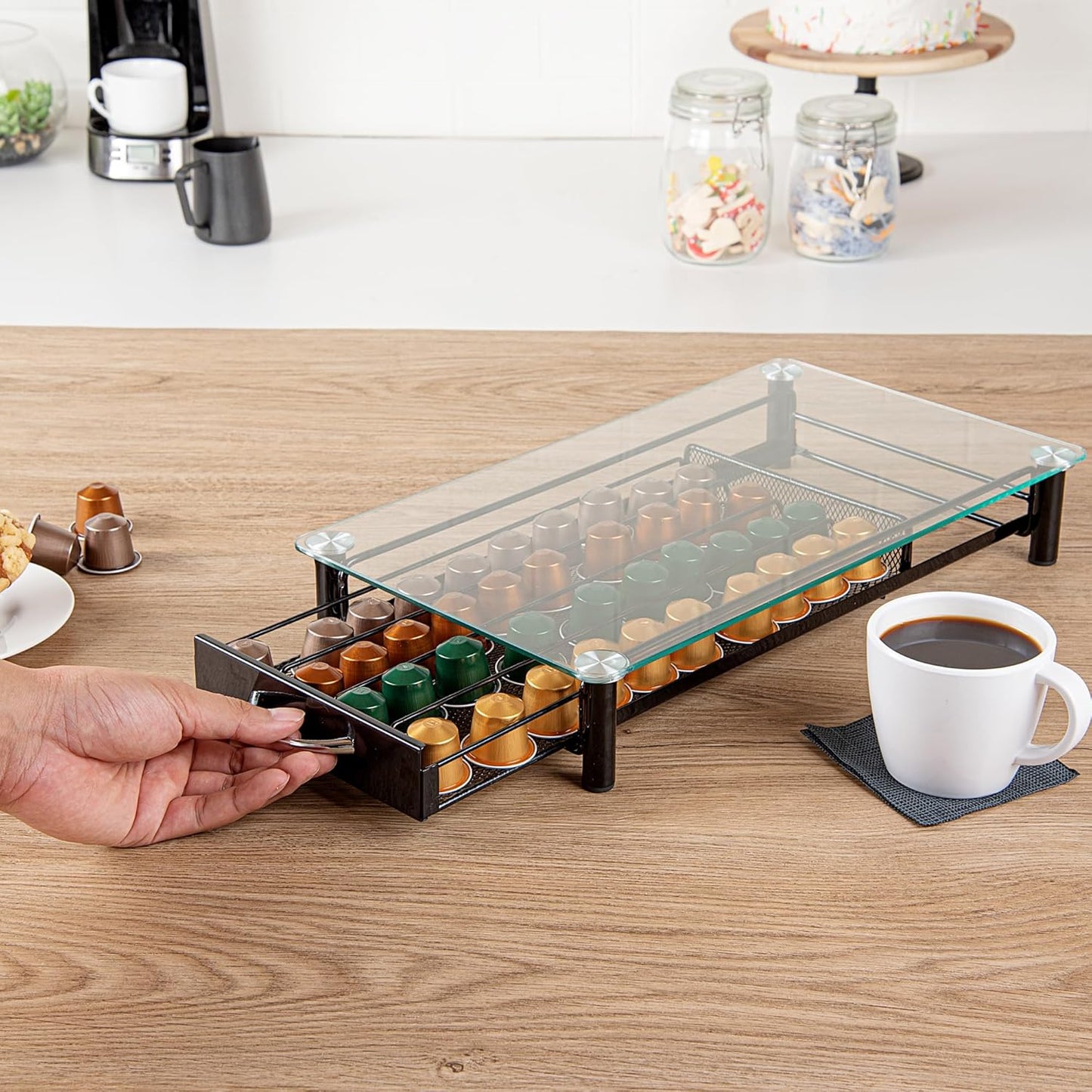 Restaurantware Restpresso 15.9 x 9.3 x 2.8 Inch Coffee Capsule Drawer 1 Heavy-Duty Pod Drawer - Holds 40 Nespresso Capsules Glass Top Iron Espresso Pod Organizer Mesh Tray Pods Not Included