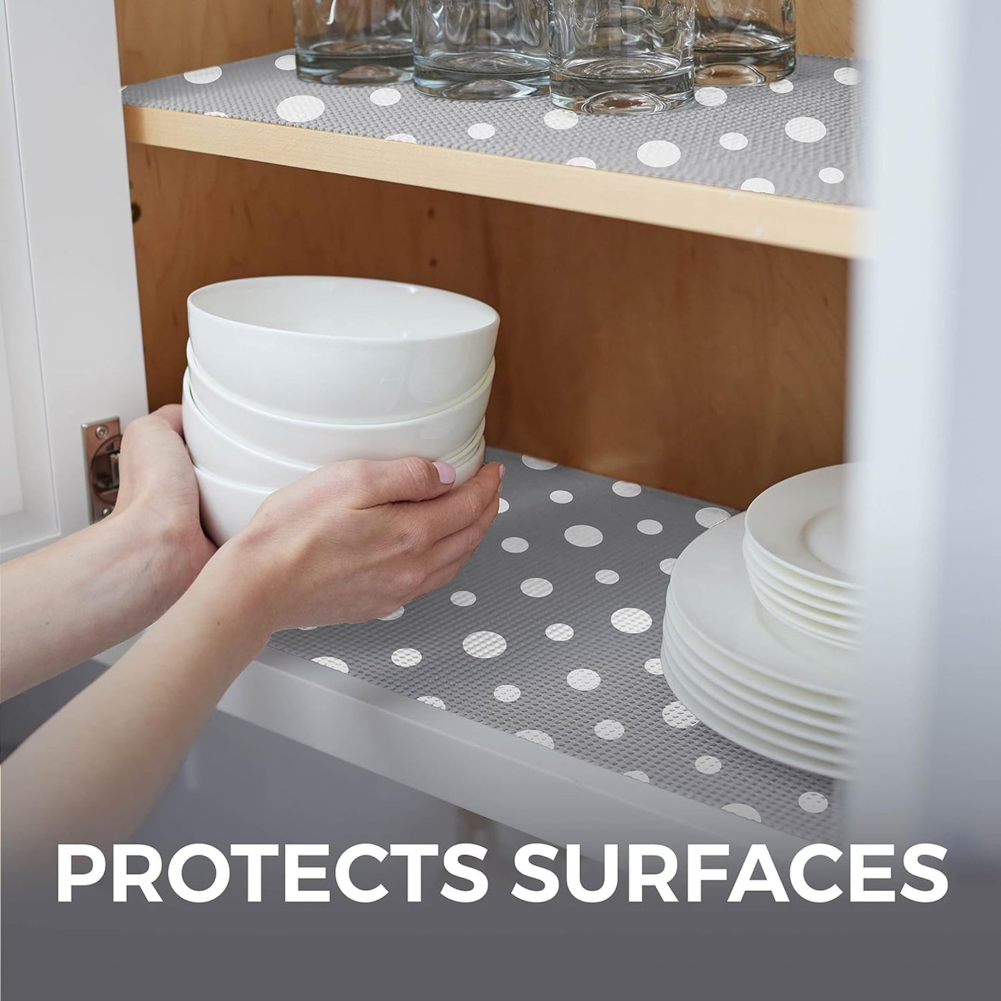 HOME GENIE Shelf Drawer and Cabinet Liner, Durable with Strong Grip, 20 in x 20 FT, Non Adhesive Liners Protect Kitchen Cabinets and Cupboard, Bathroom Drawers and Shelves, Desks, Dots Gray White