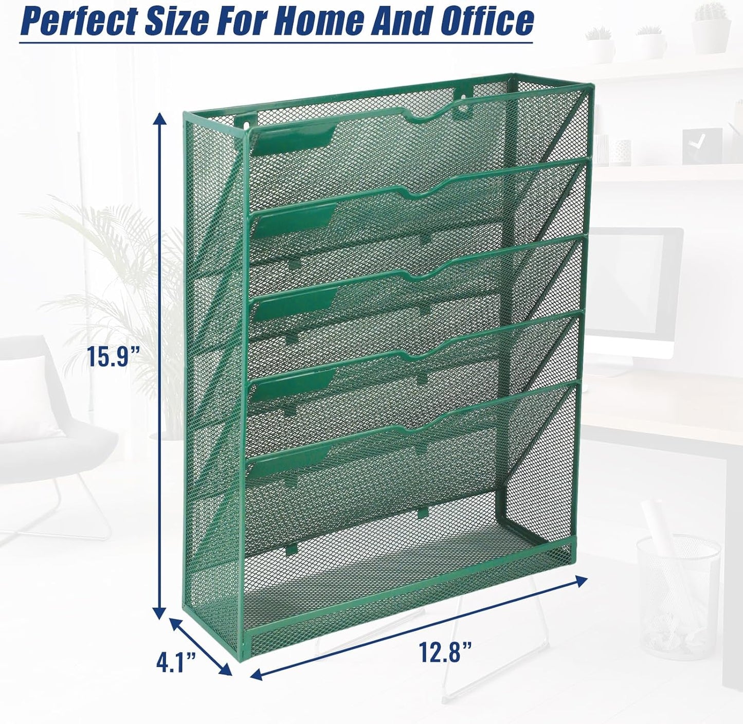 EASEPRES 6 Tier Desk File Organizer, Mesh Hanging Wall Mount Document Organization Stand, Desktop Vertical Mail Paper Folder Holder Rack with Bottom Tray for Office Cubicle, Sides Closed, Dark Green