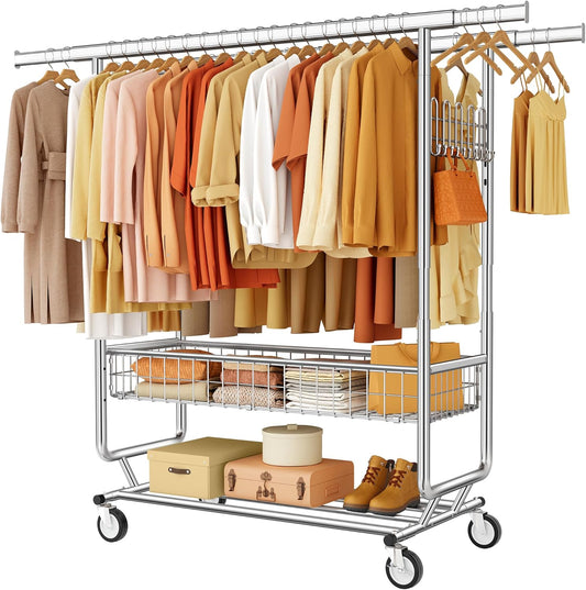 Heavy Duty Clothes Rack with Metal Basket, 720 LBS Rolling Double Rod Garment Rack, Portable Extendable Clothing Rack with Wheel for Bedroom, Laundry Room & Retail Store