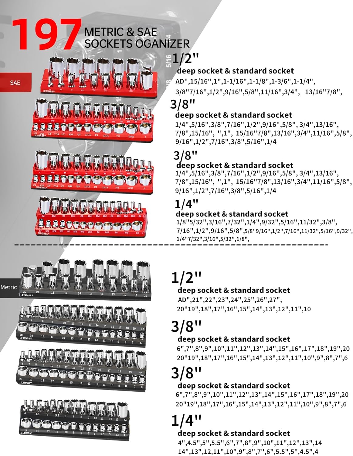 8-Piece Magnetic Socket Organizer Set,1/2", 1/4" and 3/8" SAE & Metric Deep & Shallow Socket Holder Kit, Socket Trays, holds 197Pcs Sockets (sockets not included)