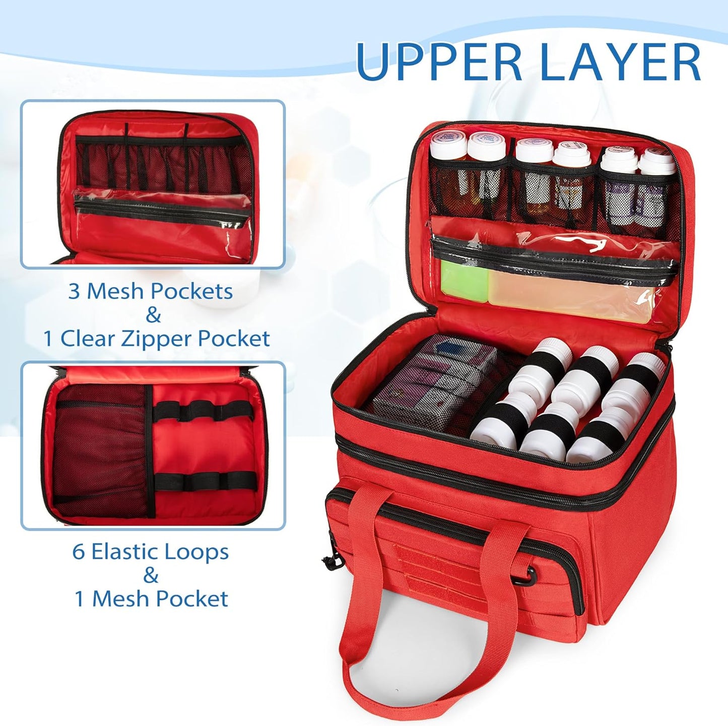 CURMIO Tactical Pill Bottle Organizer Case, Double Layers Medicine Storage Bag for Medication Bottles, Vitamins, Medical Supplies, Red (Bag Only)