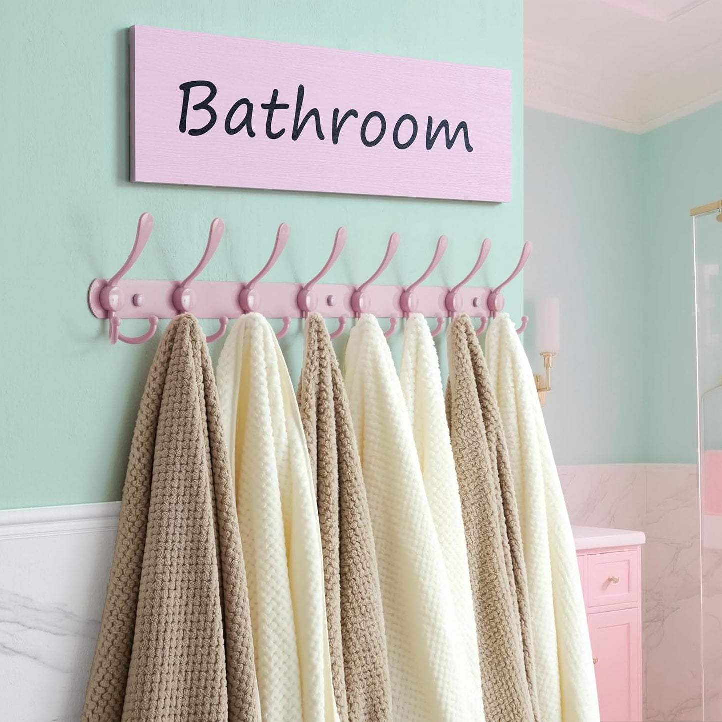 Dseap Coat Rack Wall Mount - 29.5” Long 8-Tri-Hooks Heavy Duty Coat Hanger Rail Wall Hooks for Hanging Coats Hats Clothing Clothes Purse Mudroom Entryway, Pink