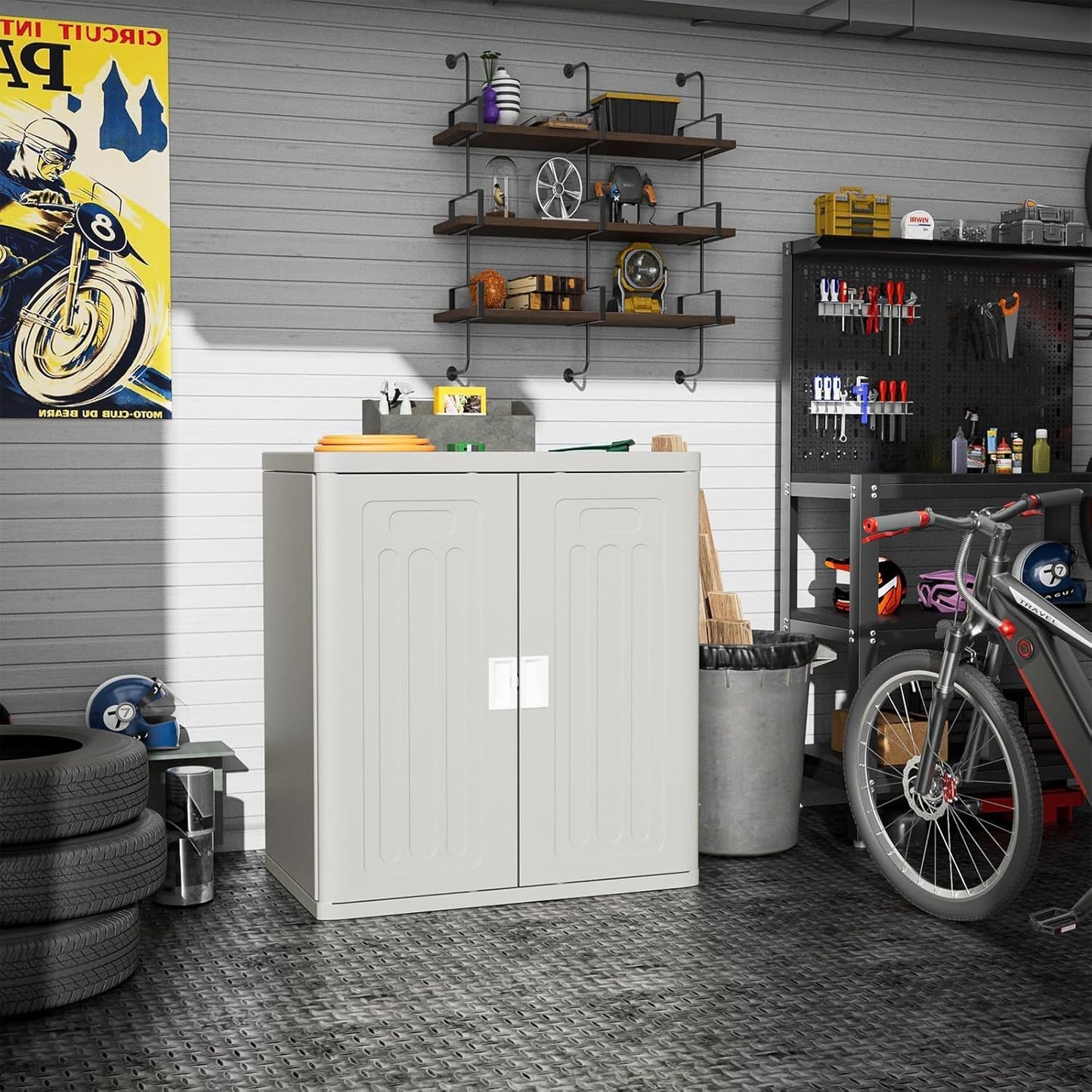 Amopatio Outdoor Storage Cabinet with Lockable Doors, Resin Cabinet Waterproof Freestanding Outdoor Patio Storage Shed for Garden Tools, 19.7" D x 29.5" W x35.4 H, Gray