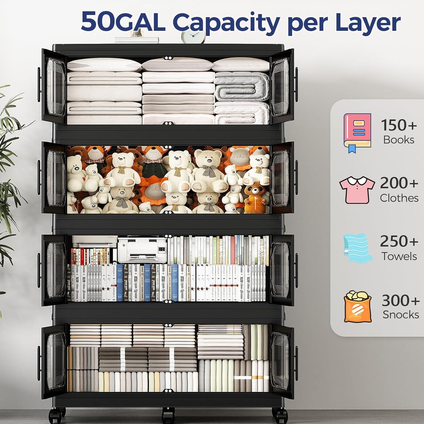 150 Gallon Extra Large Storage Bin with Lid and Wheels, Stackable Collapsible Plastic Storage Box with Door, Foldable Organizer for Closet, Kitchen, Office, Living Room, 3 Pack Black
