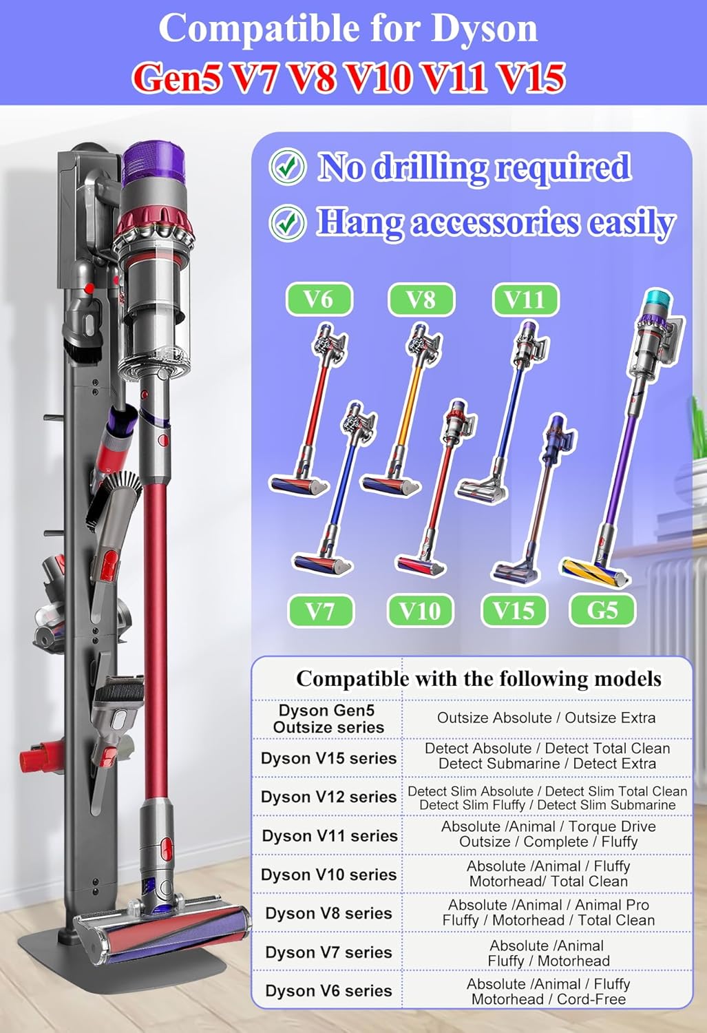 Haturi Premium Vacuum Stand for Dyson Gen5 V15 V12 V11 V10 V8 V7 V6, Metal Attachment Holder with 4 Hooks & 4 Shelves, Hidden Cord Design, Space-Saving Storage Organizer for Dyson Cordless Vacuums