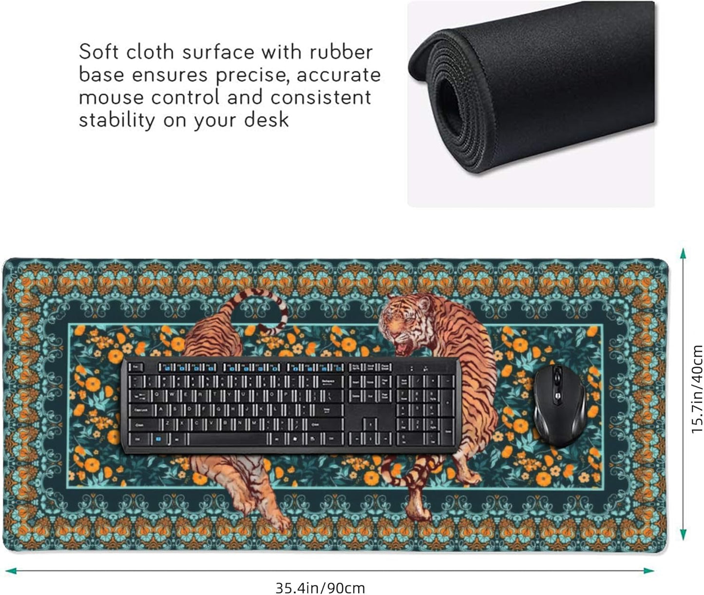 Vintage Floral Tiger Large Mouse Pad, Vintage Aesthetic Gaming Desk Mat, XXL Keyboard Desk Pad Mat for Desktop, 35.4"x15.7" Non-Slip Base Big Mousepad with Stitched Edges