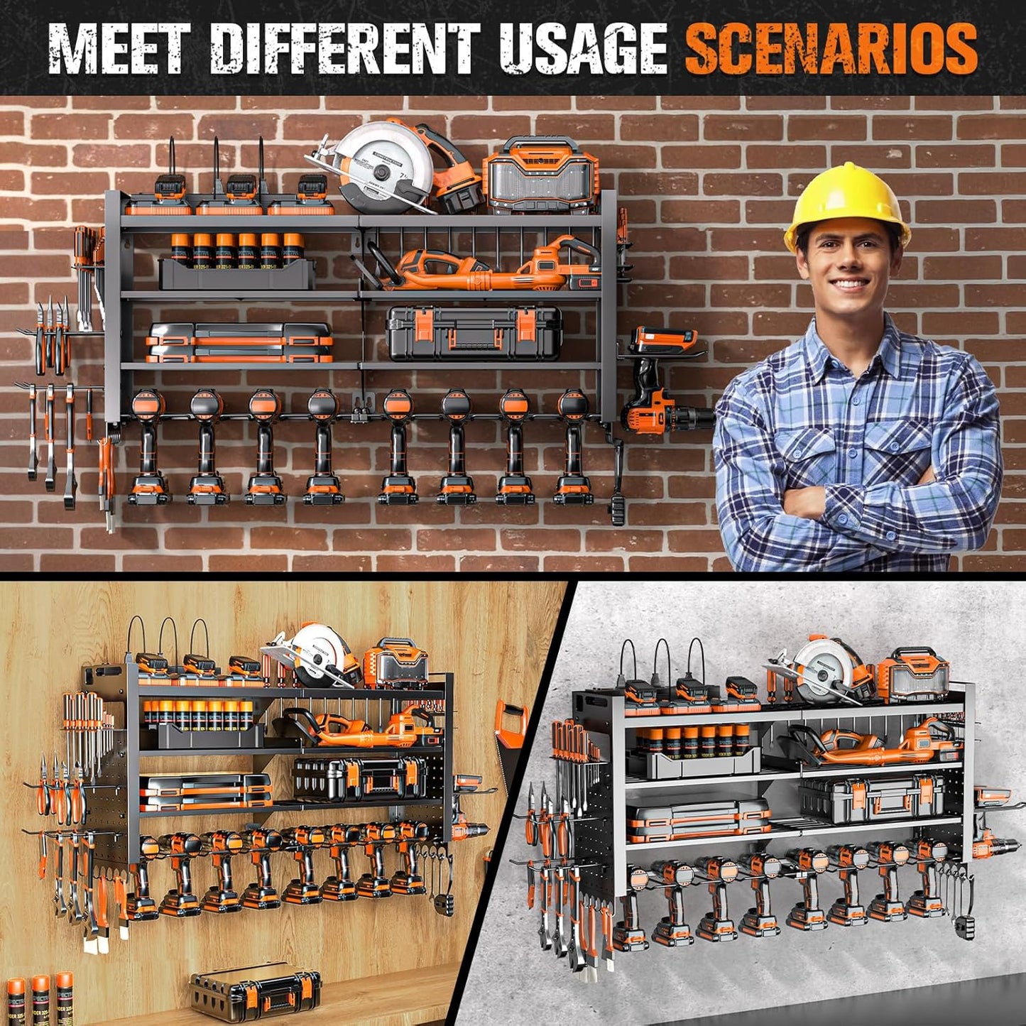 Heavy Duty Power Tool Organizer Wall Mount with Charging Station, Large Garage Organization with 10 cordless Drill Holder, 4 Layers Tool Organizers and Storage, Tool Rack with 6 Power Strip, Black