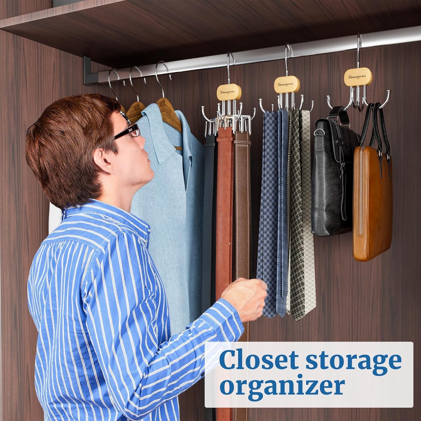Belt Hanger, Belt Organizer for Closet,Rotatable Tie Rack,Belt Holder,Hanging Closet Storage Hook for Belt, Bra, Tank Top, Tie, Scarf, Purse,2PCS,Natural