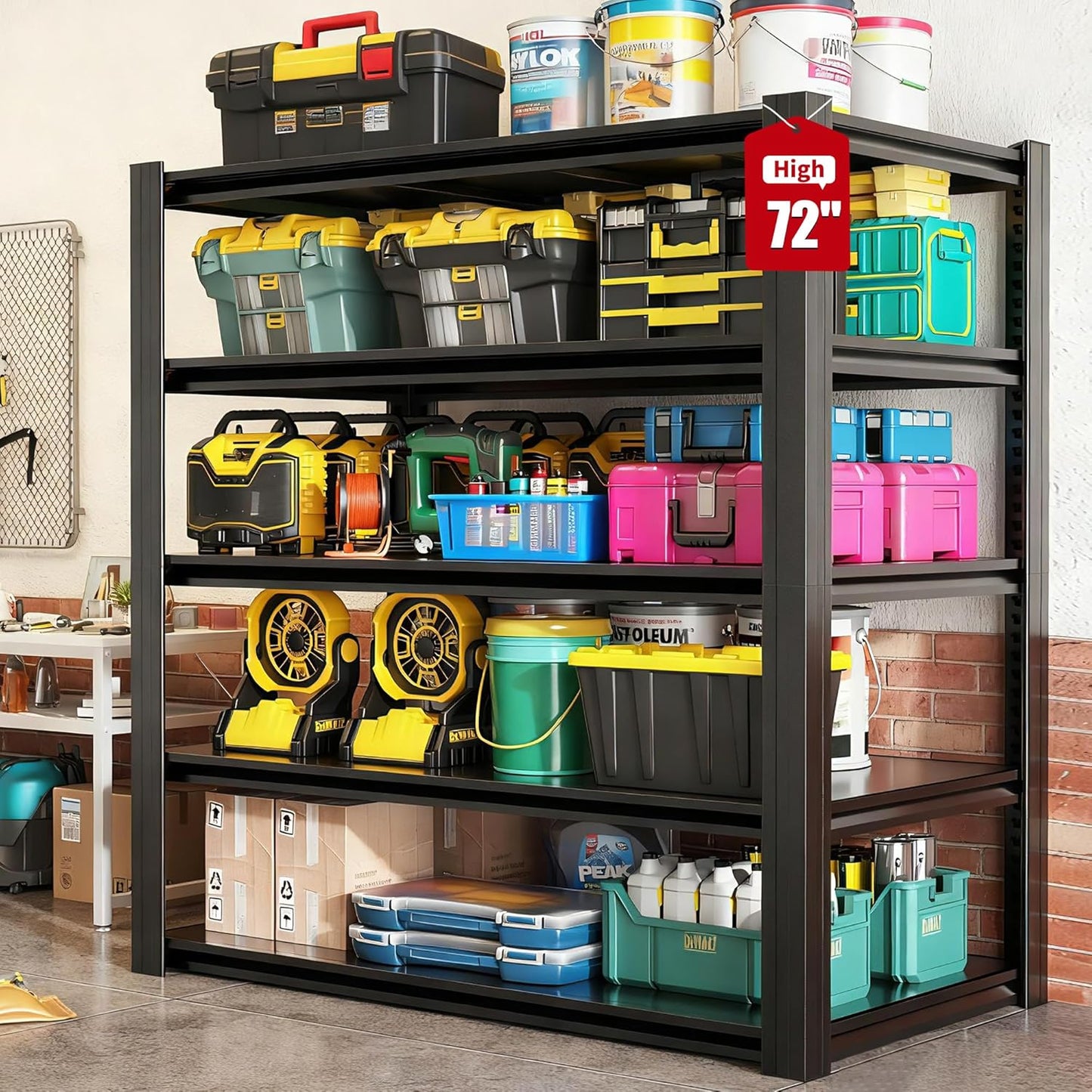 72" H Garage Shelving, Metal Storage Shelves, Adjustable 5 Tier Storage Rack, Heavy Duty Shelving, Industrial Utility Shelf for Garage, Warehouse, Bedroom, Kitchen, 24" D×48" W×72" H, Black