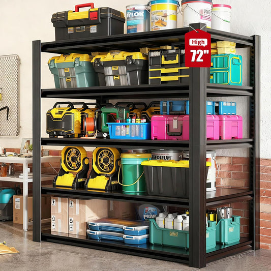 72" H Garage Shelving, Metal Storage Shelves, Adjustable 5 Tier Storage Rack, Heavy Duty Shelving, Industrial Utility Shelf for Garage, Warehouse, Bedroom, Kitchen, 24" D×48" W×72" H, Black