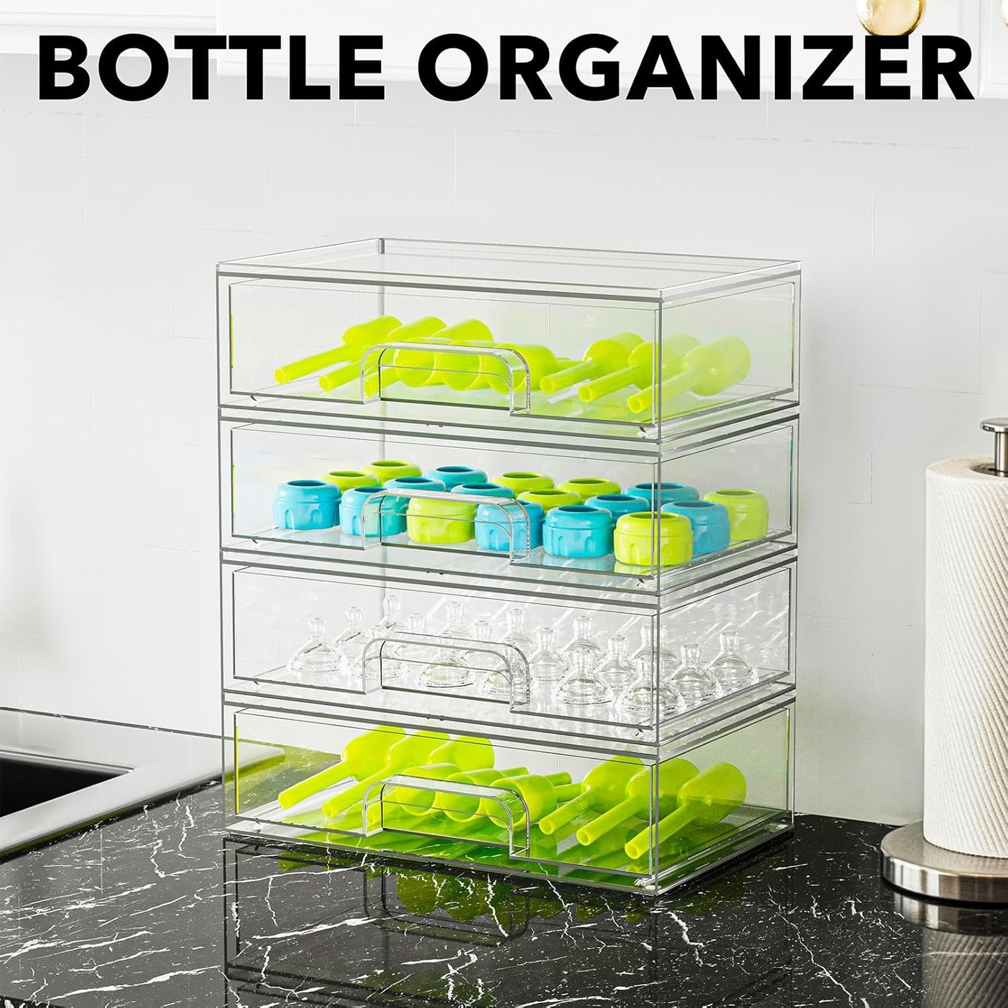 SpaceAid Bottle Storage Organizer Baby - Acrylic Bottles Station Organizer Container, Stackable Clear Drawers for Countertop, Vanity, Bathroom, Cabinet, Pantry Organization, 4 Pack, 4L, 13.7"H