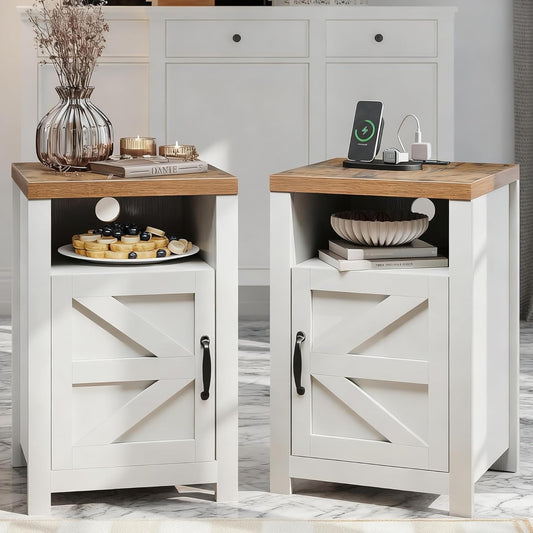 Farmhouse Nightstand with Charging Station, Couch Side Table Set of 2, Bedside Table with Storage Space, End Tables with Barn Door, Bed Side Tables for Living Room and Bedroom, White