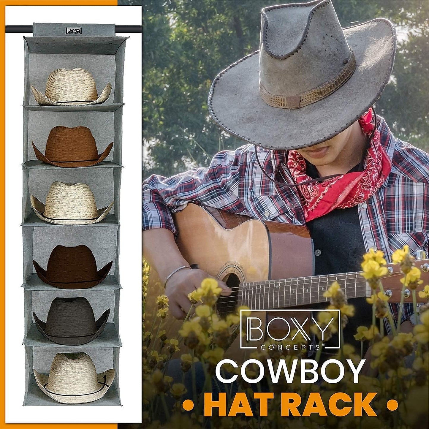 Boxy Concepts 6-Shelf Cowboy Hat Organizer Rack - 13in Wide X-Large Grey - Hat Rack for Wall Mount Hook & Loop - Soft Fabric Preserve Shape - Baseball Cap Organizer
