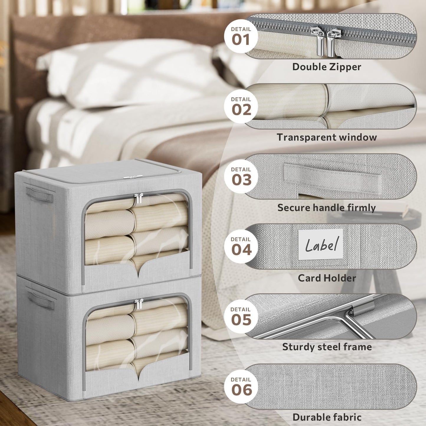 FHSQX 3 Pack Clothes Storage Bins - Foldable Metal Frame Storage Box - Stackable Linen Fabric Container Organizer Set with Carrying Handles and Clear Window (Light Gray, 19.7x15.7x13inch(66L))