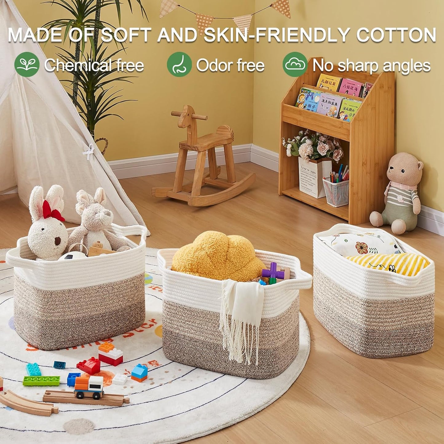 Storage Baskets for Organizing, Woven Baskets for Shelves, Rectangle Decorative Organizer for Storage Clothes, Toy, Books, Towels Nursery Bins 3 Pack (Gradient Yellow, 14.17"x9.85"x9.45")
