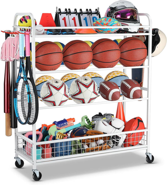 Garage Sports Equipment Organizer - Rolling Ball Storage Bin with Wheels, Garage Sports Gear Rack Outdoor Basketball Racks for Balls with Baseball Bat Holder and Hooks, Toy Organizer(White)