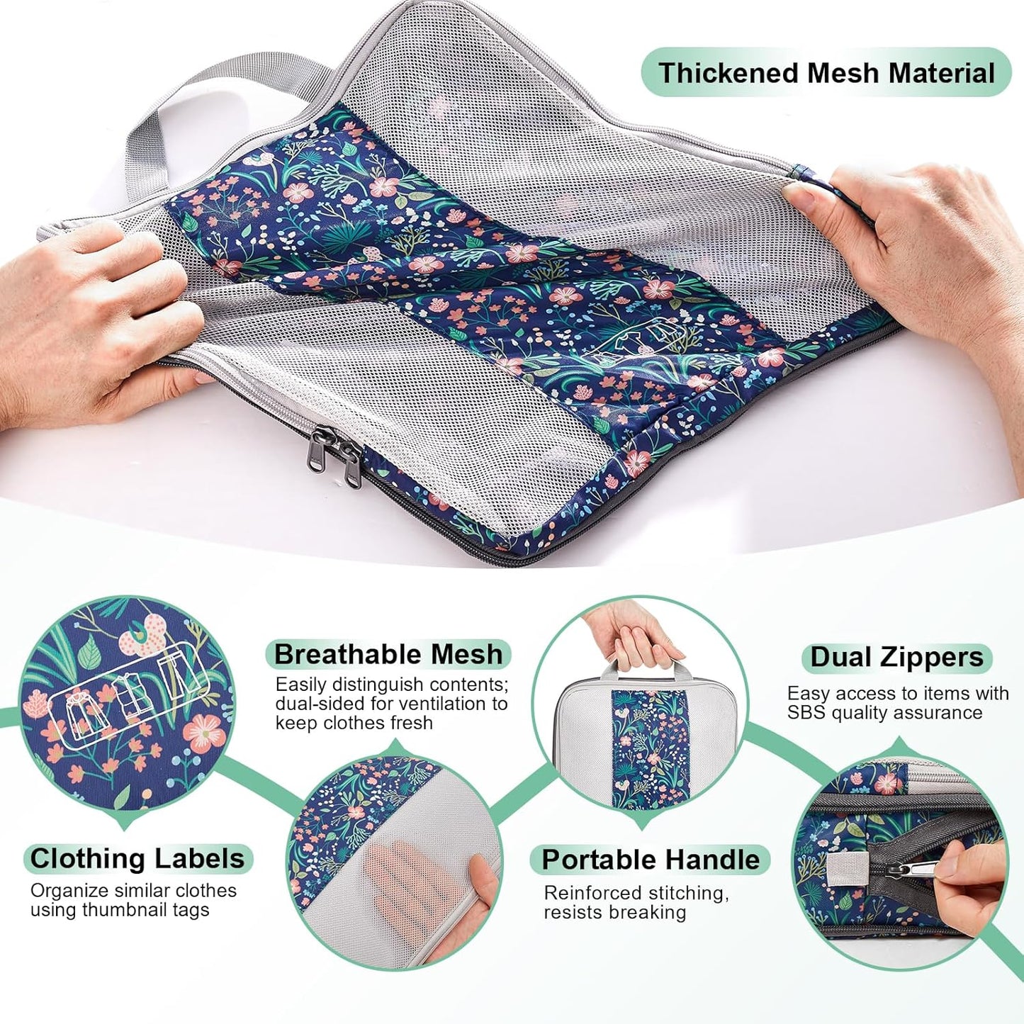 8 Set Compression Packing Cubes for Travel Essentials,Compressible Expandable Packing Cubes for Suitcase,OlarHike Luggage Organizer Bags for Travel(Dark Blue Floral)